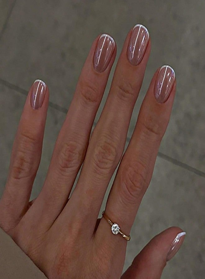 GRITOSE Extra Short Press on Nail Nude Fake Nails Chrome Full Cover White French Tip Press ones False Nails Natural Reusable Stick on Nail Gel Glue on Nails Square Acrylic Nail for Women Girls 24pcs - Image 1